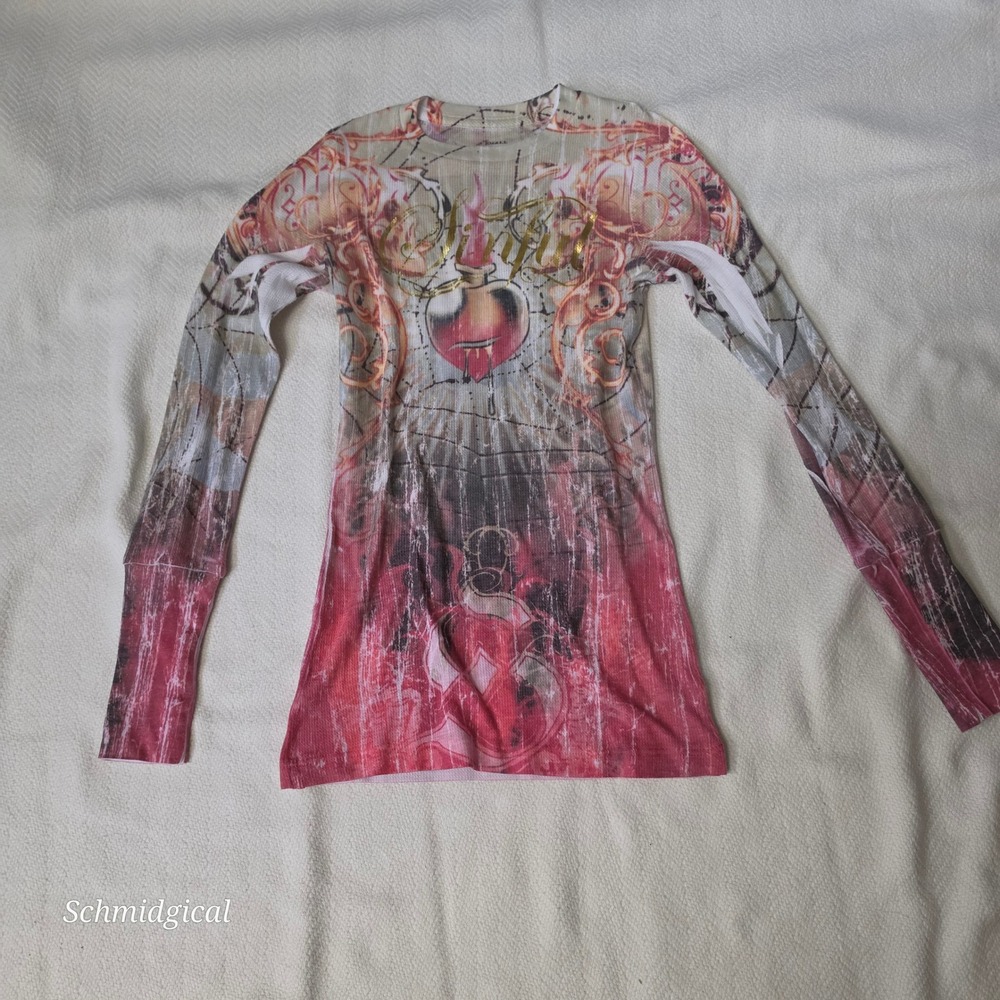 Sinful by Affliction Womens Thermal Long Sleeve Heart Graphic Gold Foil Red S